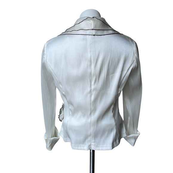 Rare 90s Cachet Shimmery White Faux Wrap Wide Lapel Sheer Sleeve Blouse - Picture 6 of 14